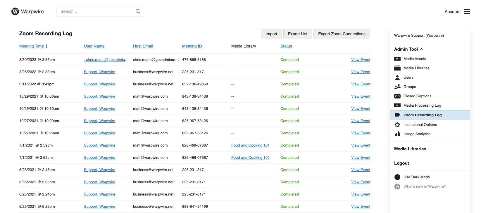 Admin Tool showing navigation to Zoom Recording Log