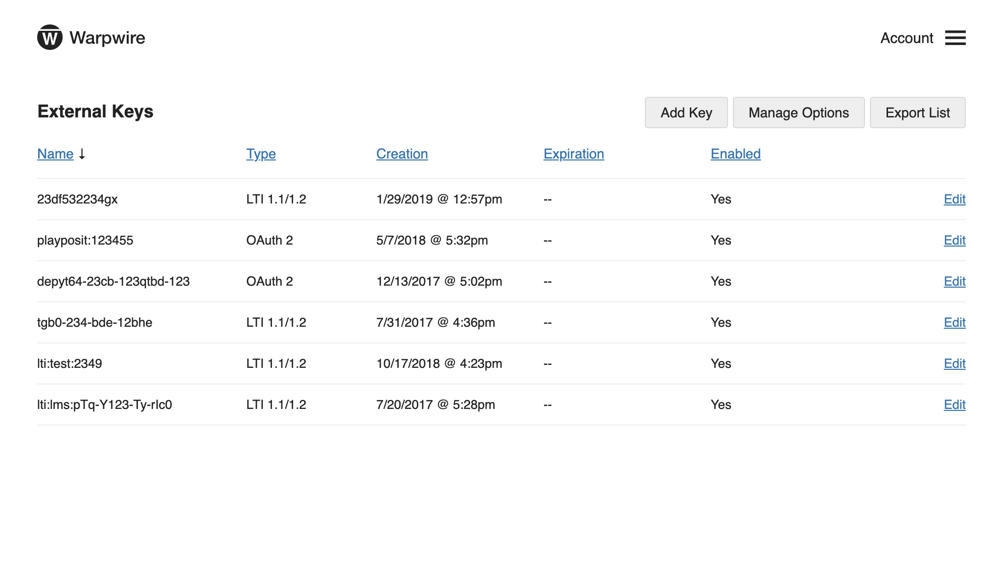 View of the External Keys page within the Warpwire Admin Tool.