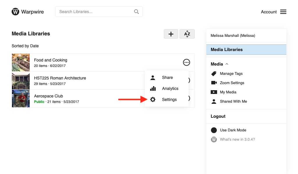 Media Library options dropdown menu with 'Settings' selected