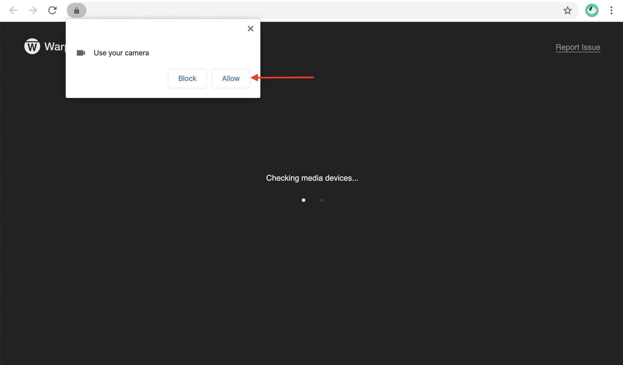 Allow Warpwire to access camera for capture in Chrome.