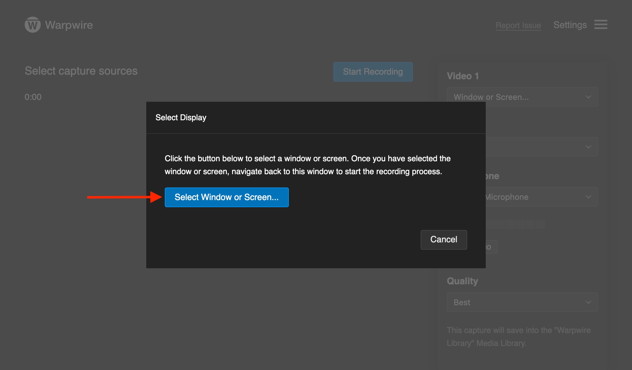 Navigate to the source menu on the right side of the Warpwire Multi-Source Capture screen.