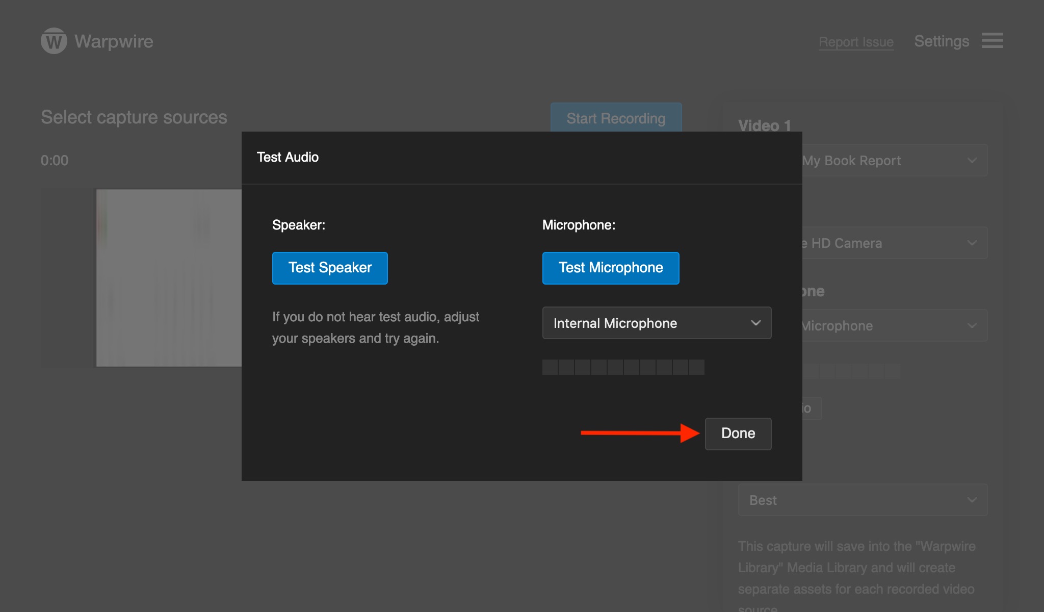 Test your microphone and speaker before recording in the Warpwire Multi-Source Capture tool.