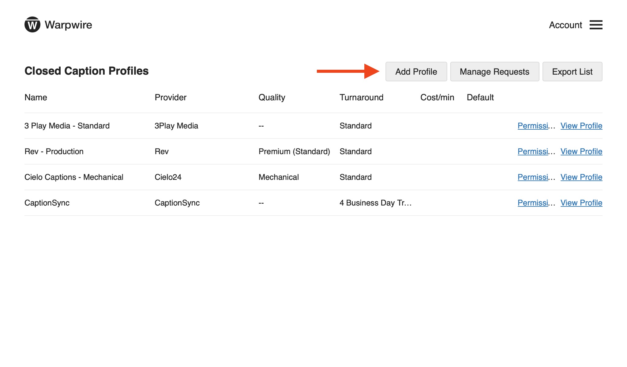 'Add Profile' to Warpwire, red arrow pointing to link in upper-right of the Admin Tool