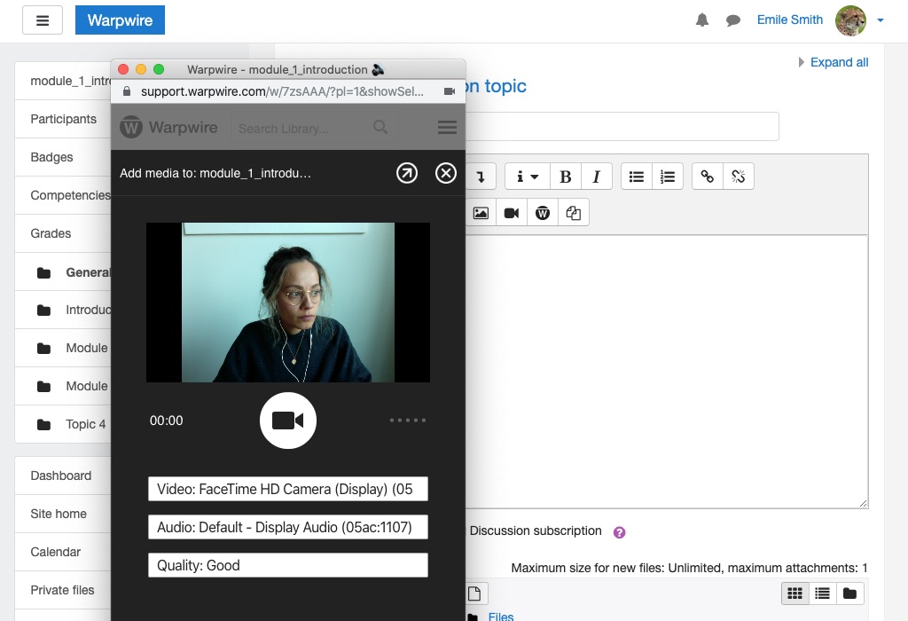 Camera capture pop up, preview of Warpwire video asset