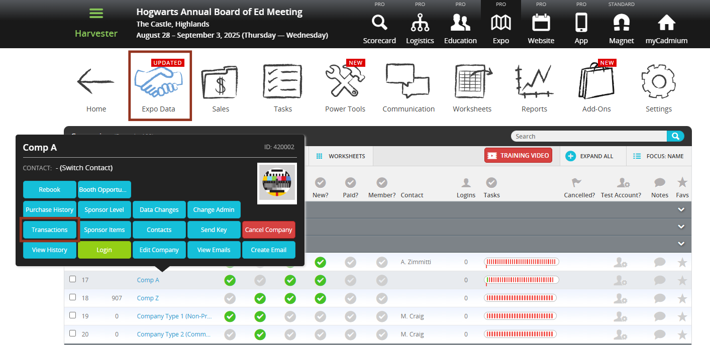 Expo Harvester with Expo Data and Transactions highlighted