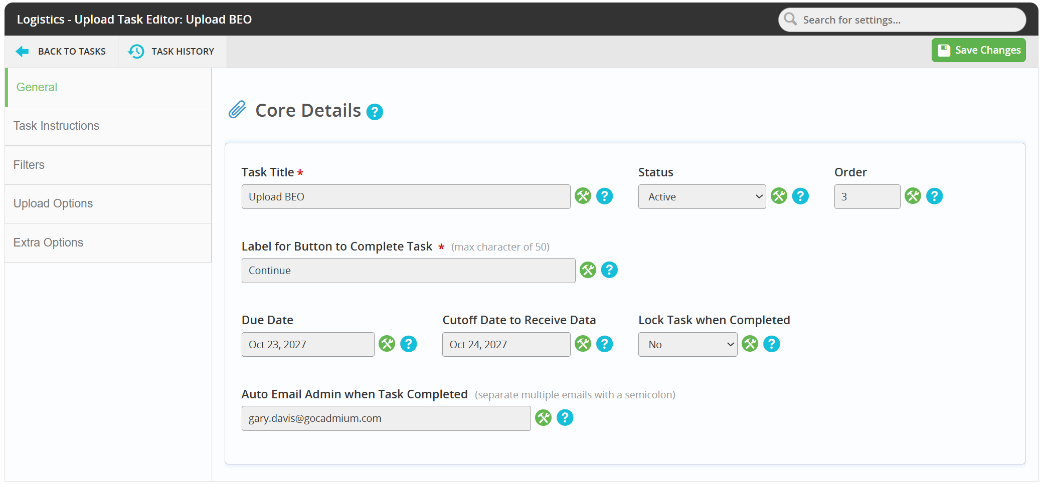Image of the Upload Task General Tab.