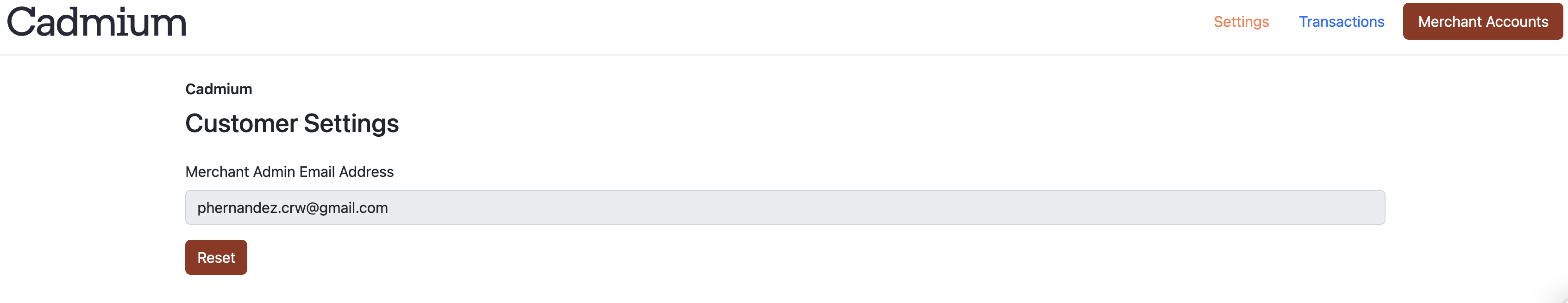 Select Reset below the Merchant Admin Email Address field