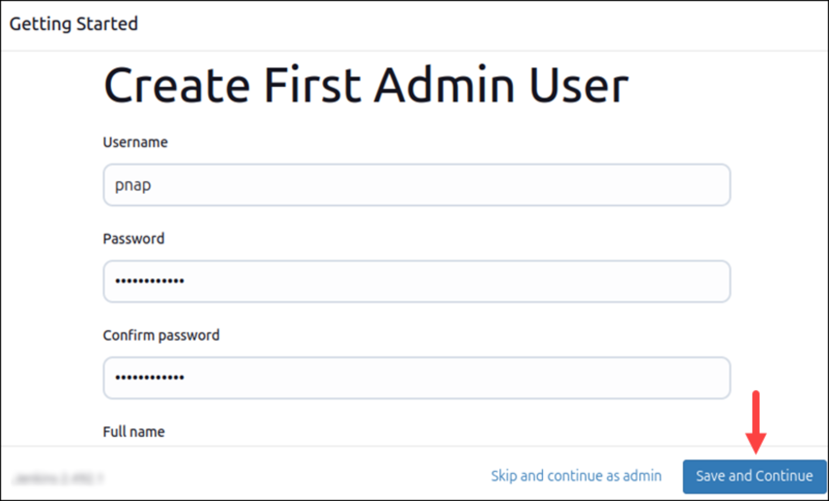 Creating the first admin user in Jenkins.