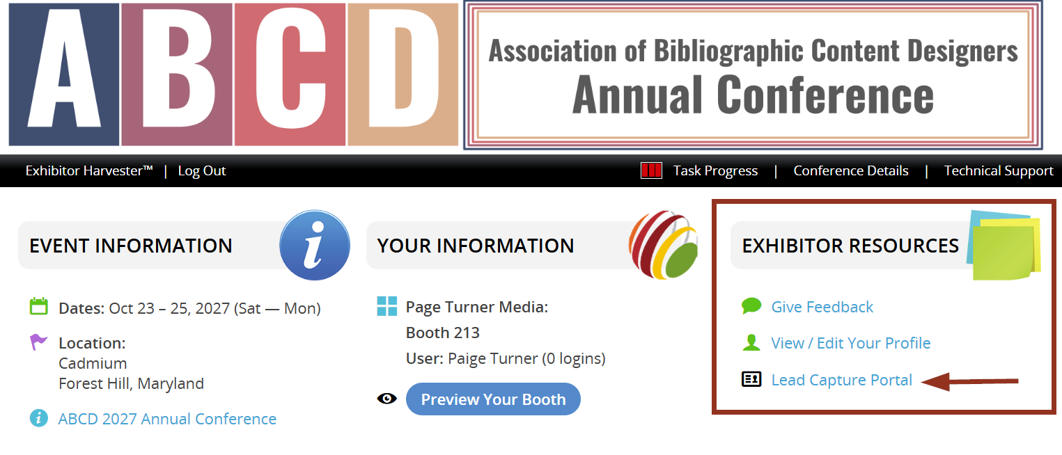image showing exhibitor portal with lead capture portal highlighted