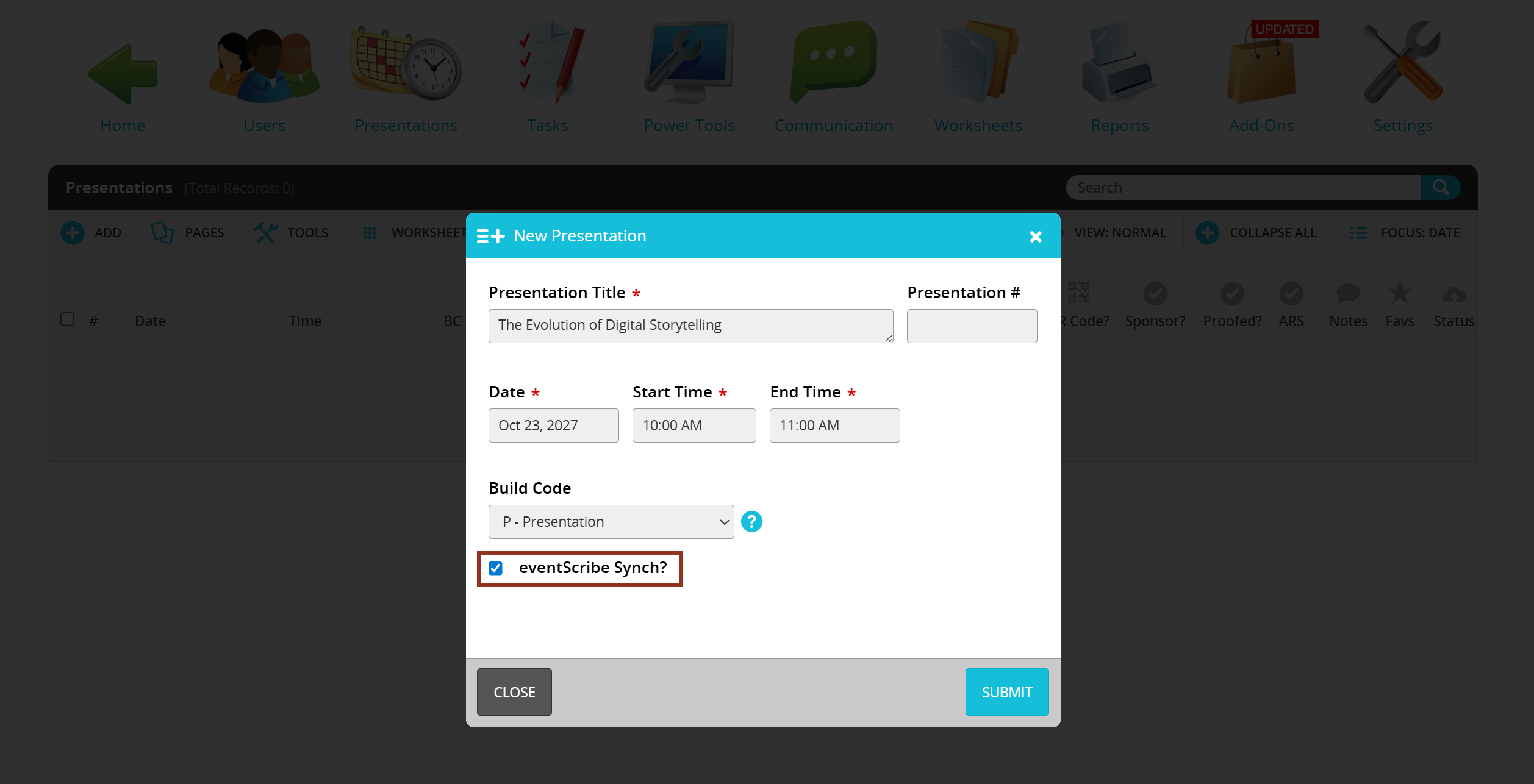 Image of the Add Presentation Pop-up's "eventScribe Synch?" Button.