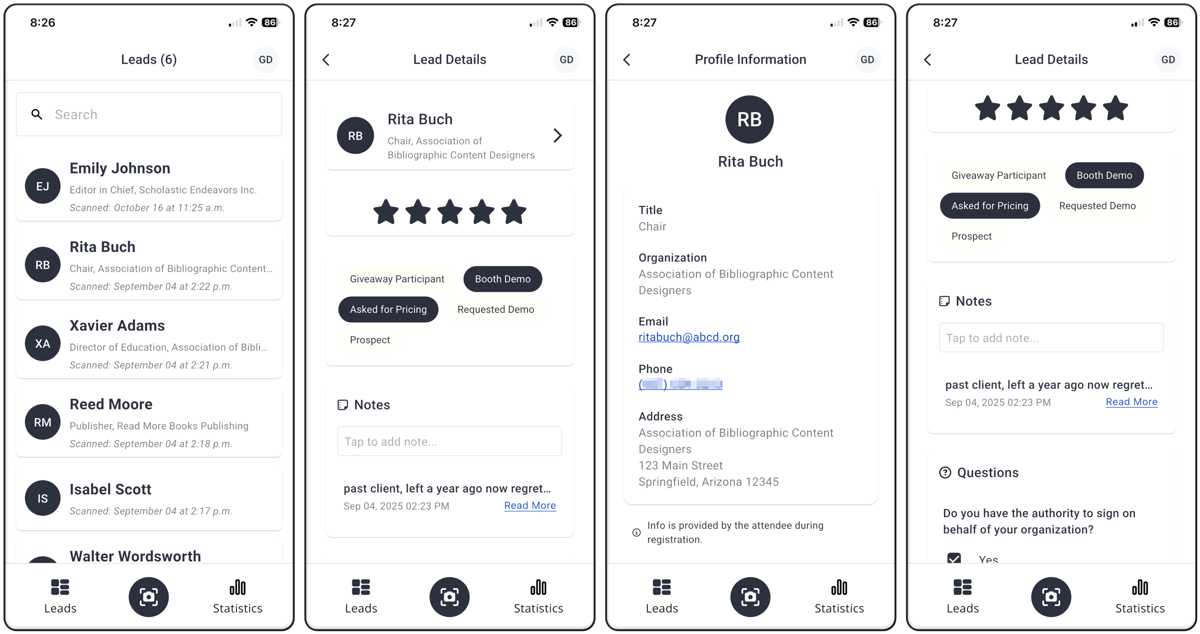 Four Images of the Lead Capture App.