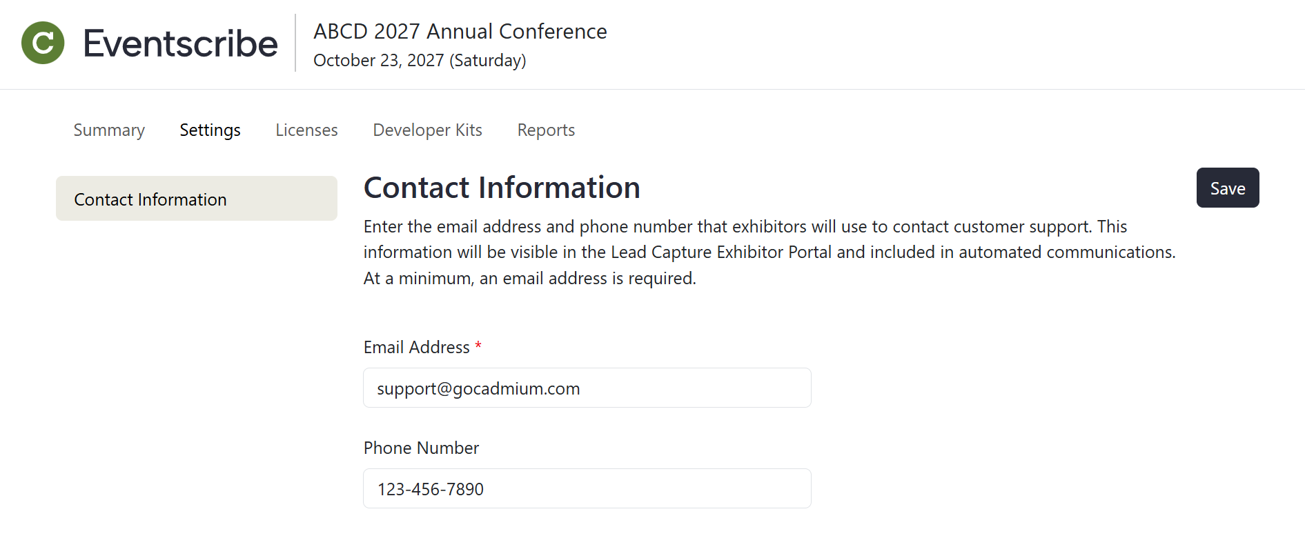 Image of the Admin Portal Contact Information page.