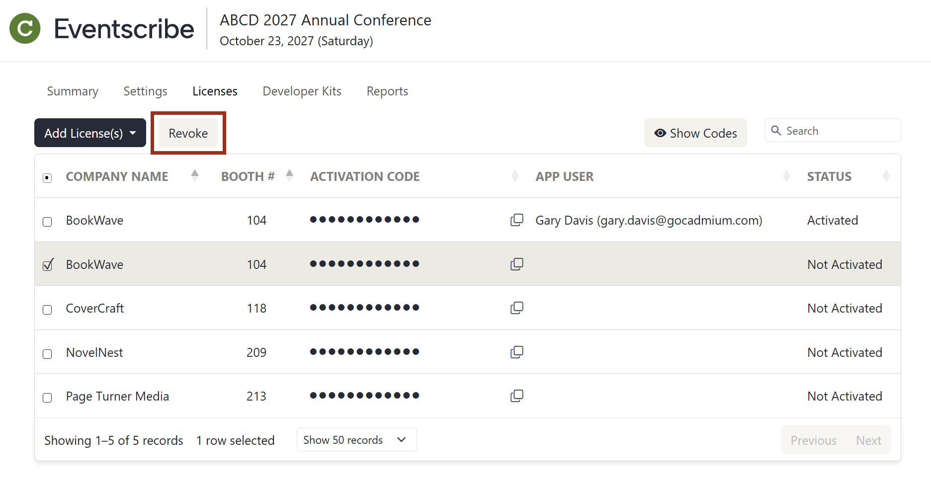 Lead Capture Admin Portal Licenses Page with a license checked and the revoke button highlighted.