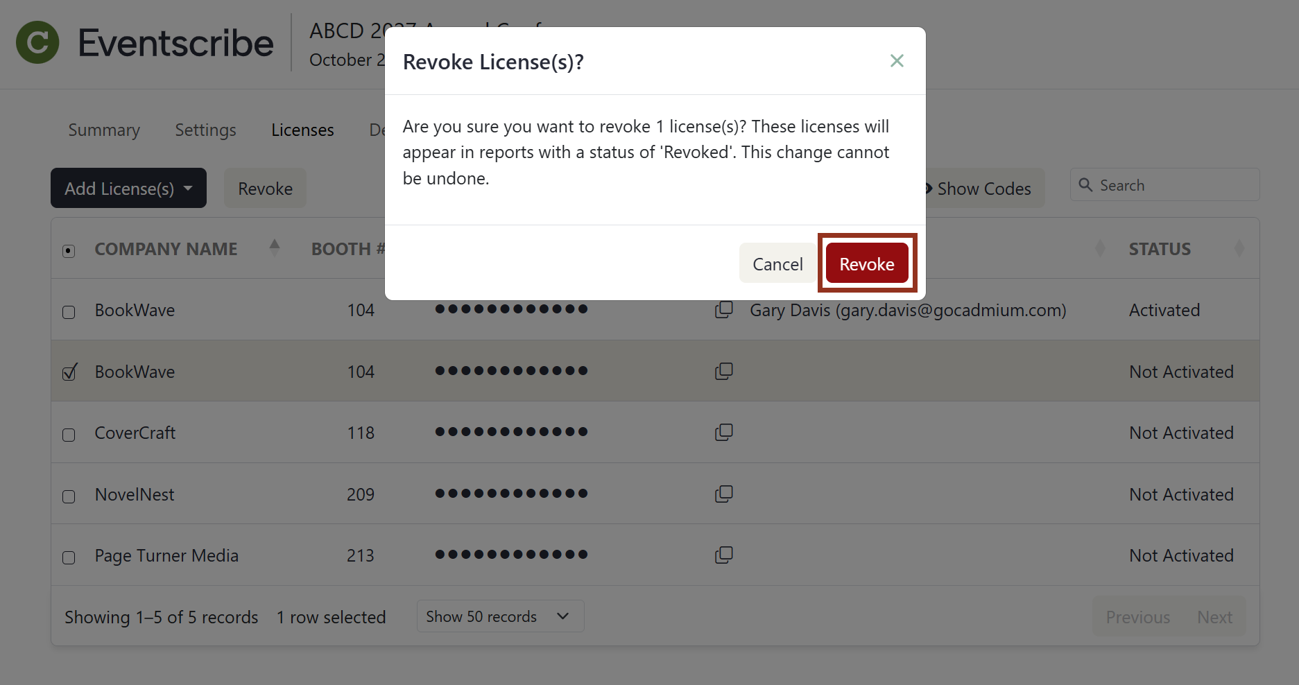 Revoke License(s) pop up with Revoke button highlighted.