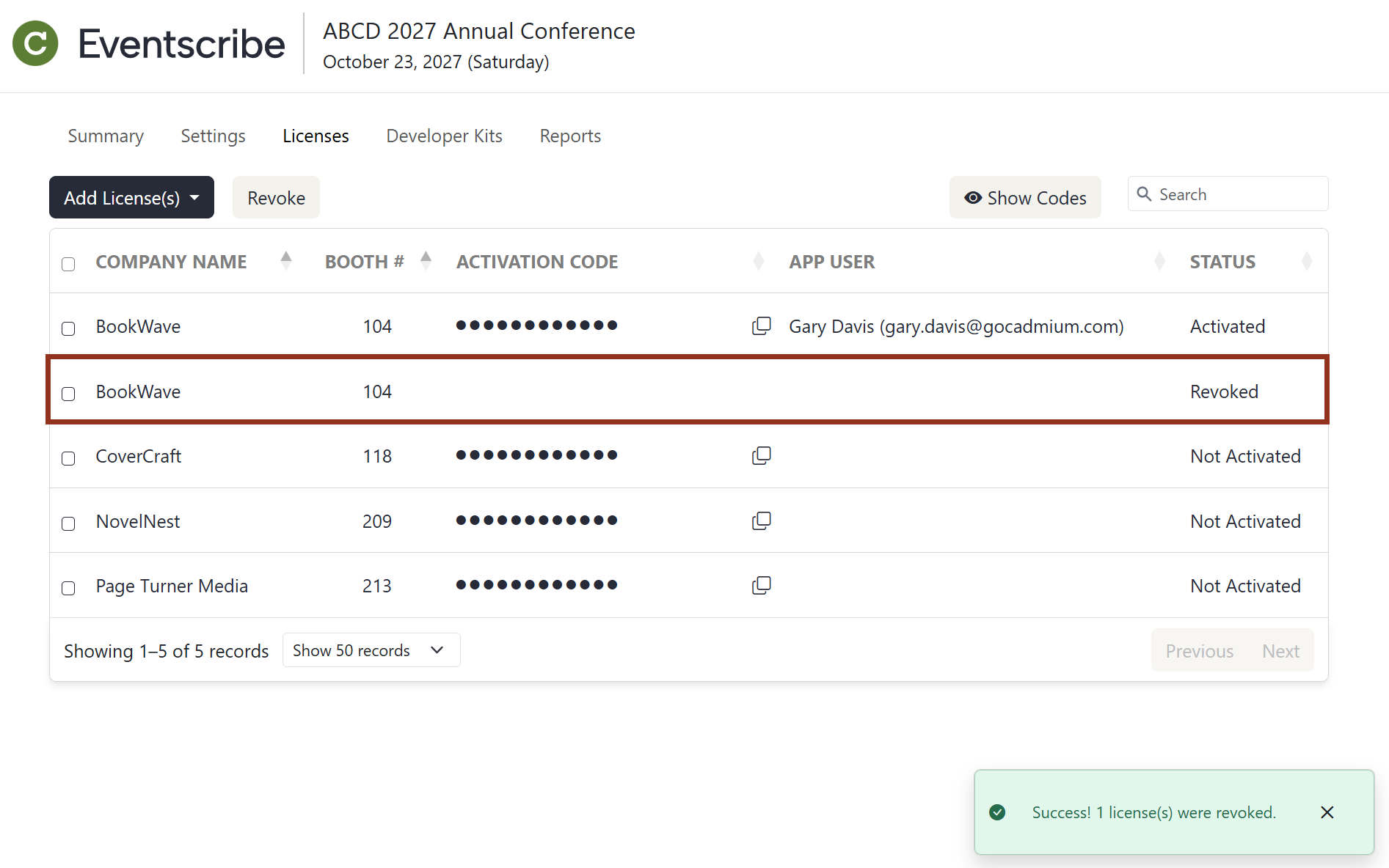 Lead Capture Admin Portal Licenses Page with a revoked license highlighted.