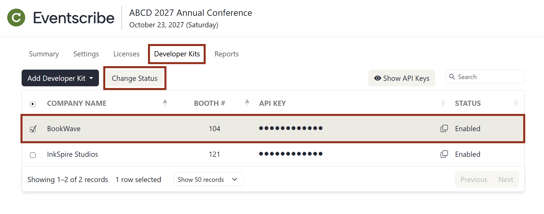 Lead Capture Admin Portal Developer Kits tab with change status and company highlighted.