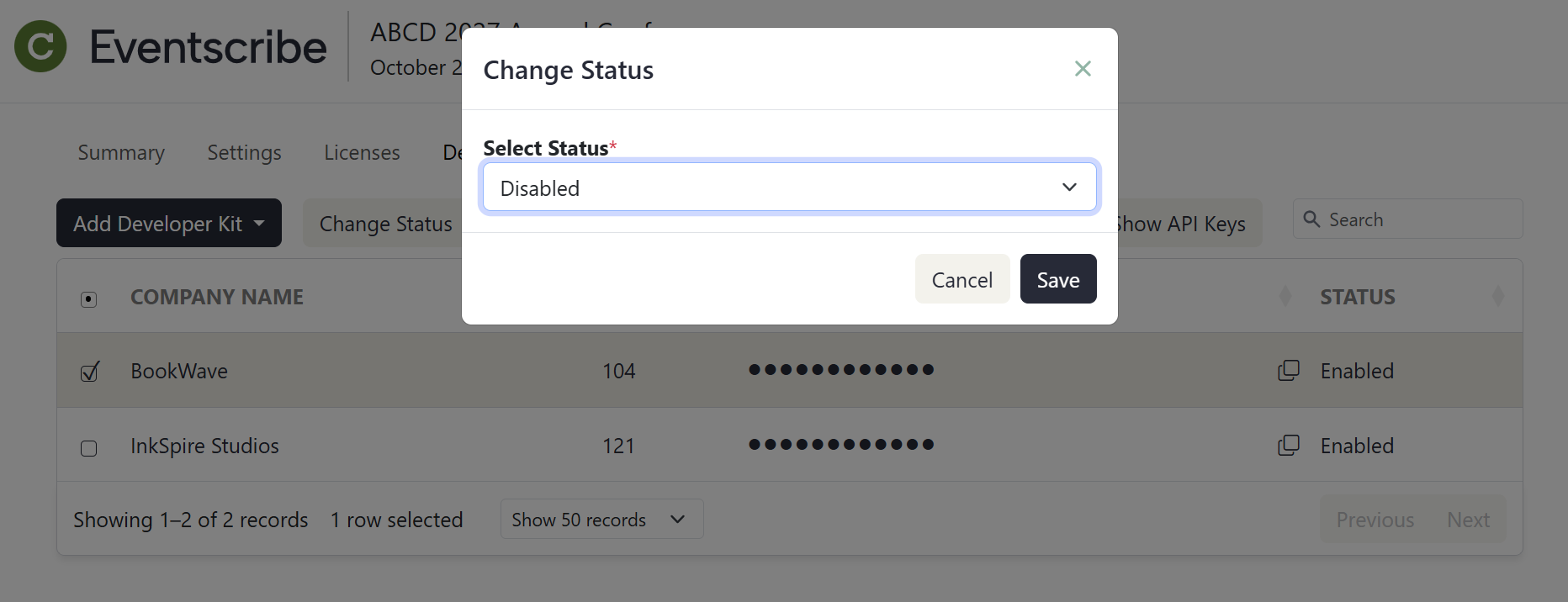 Lead Capture Admin Portal Change Status Pop Up with Disabled status selected