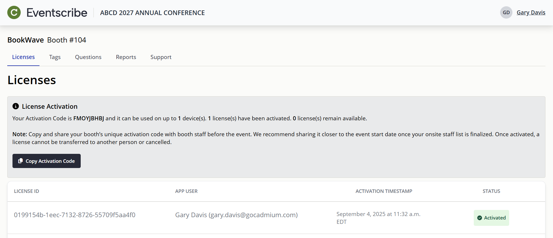 Image of the Exhibitor Portal Licenses Page.