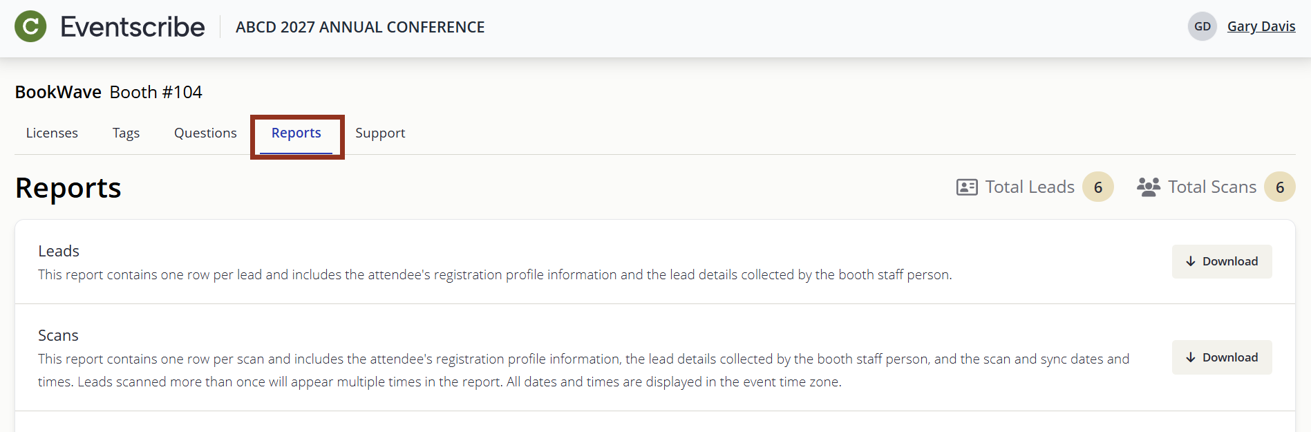 Image of the Exhibitor Portal Reports Page.