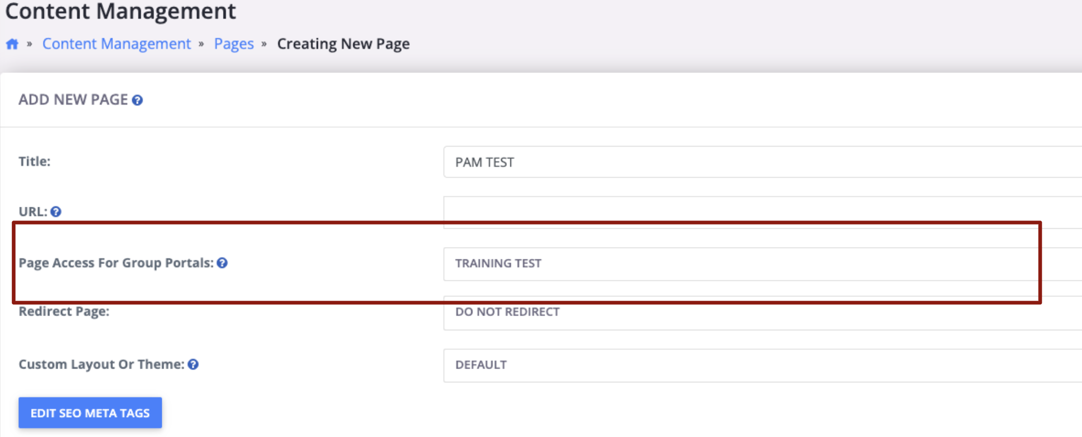 Updated page settings for access for group portals