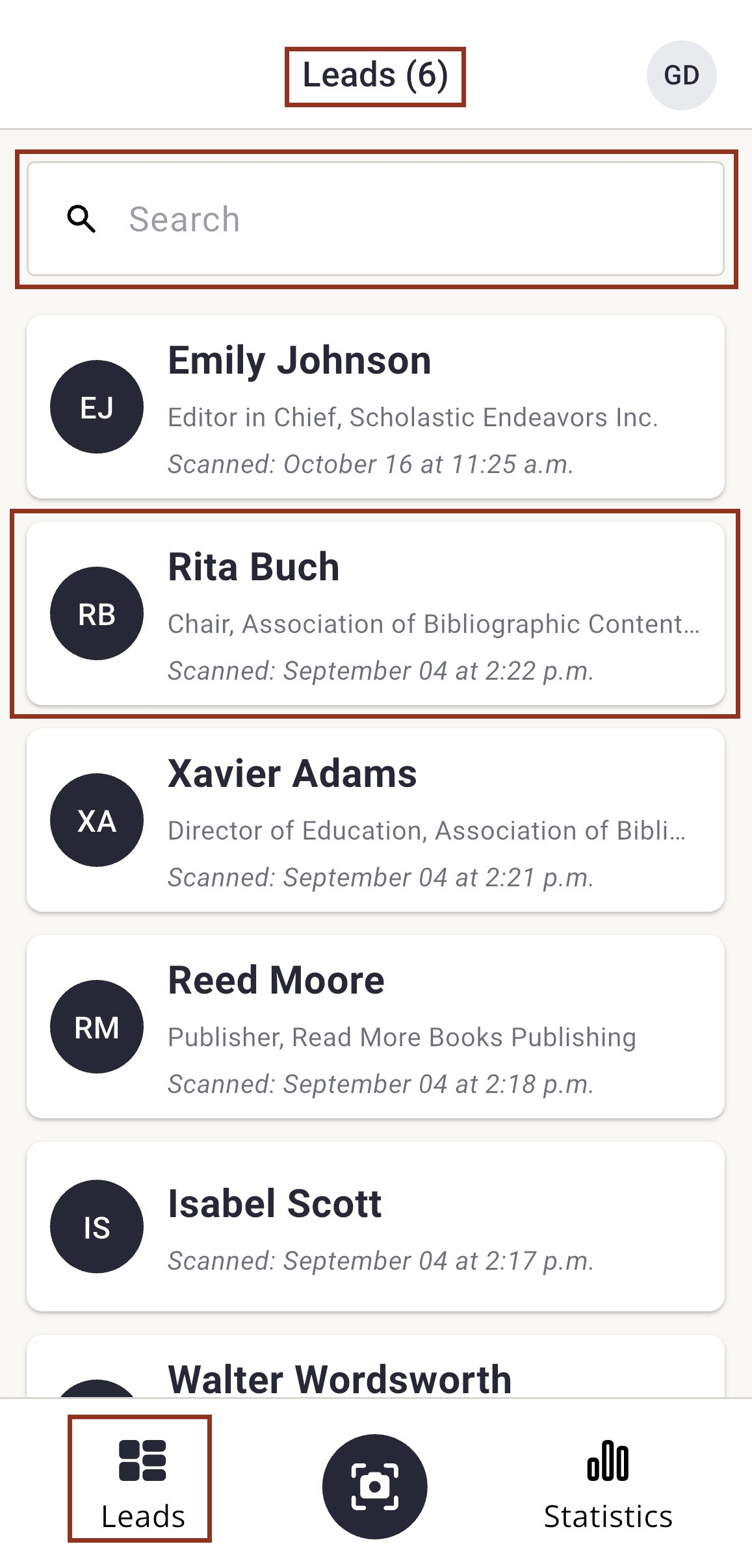 Lead Capture Mobile App Leads List with Lead #, search, lead card and leads highlighted.
