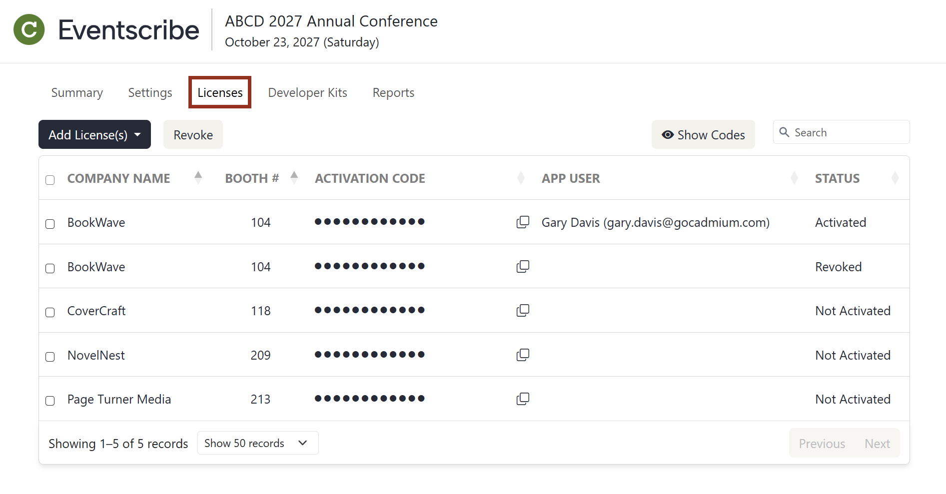 Image of the Admin Portal Licenses Page.