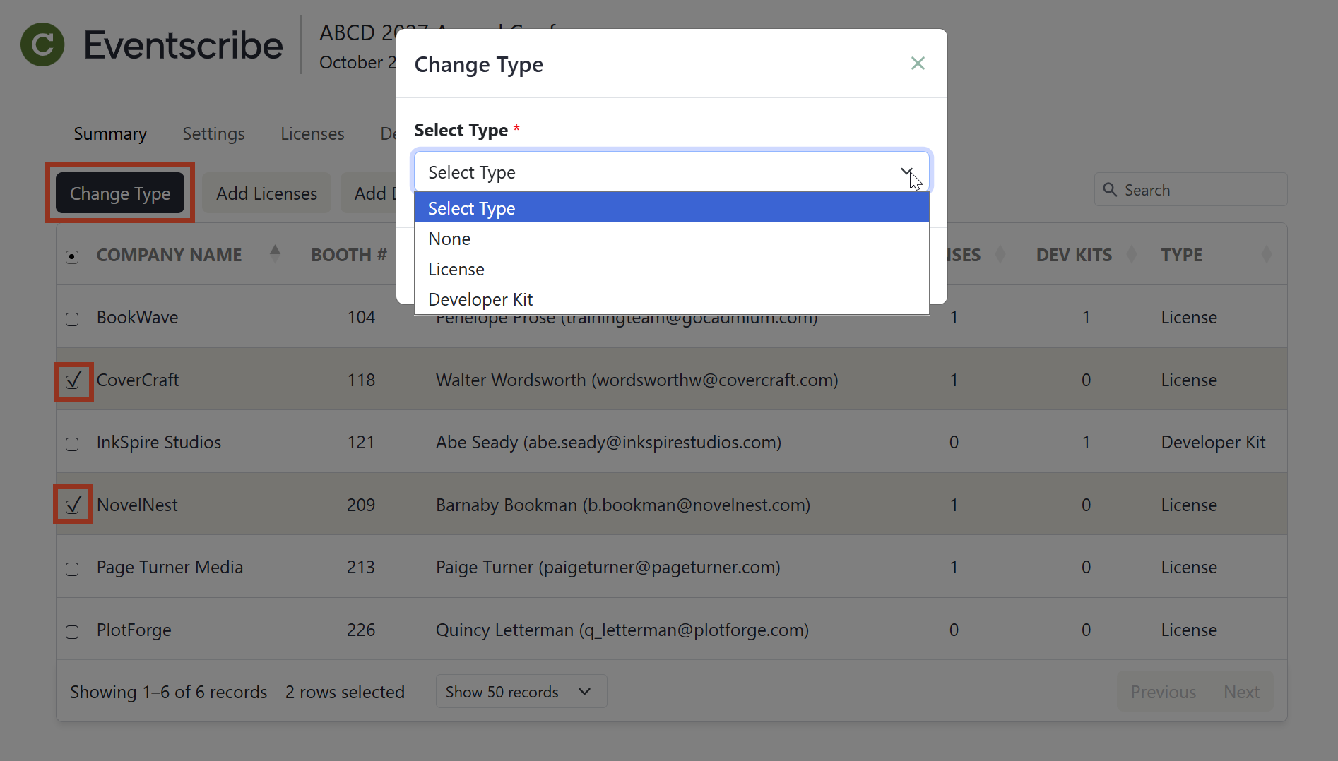 Image of the Admin Portal Summary Page Change Type Pop-up.