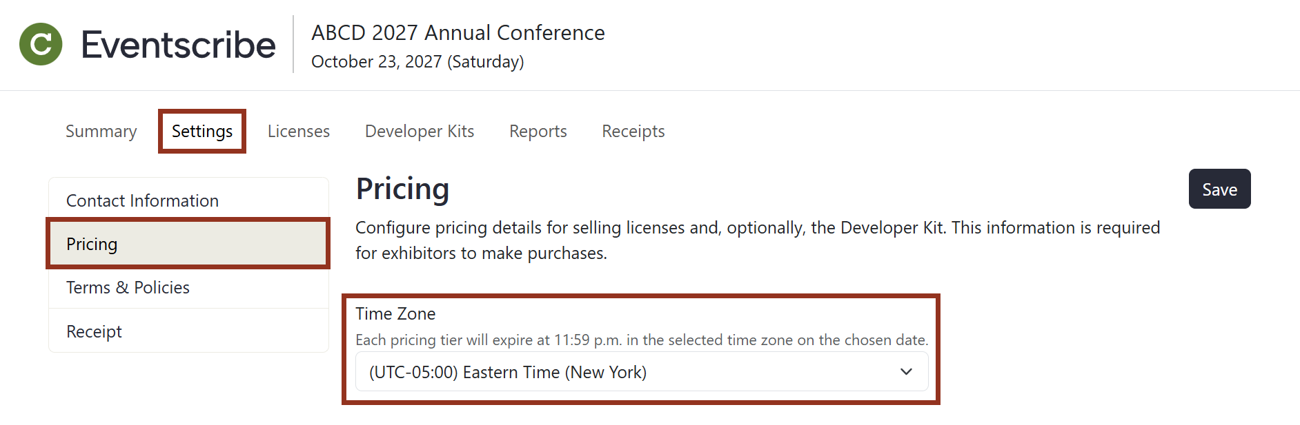 Image of the Admin Portal Settings Page Time Zone Drop-down.