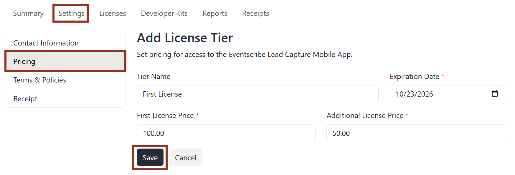 Image of Settings Page License Tab Add License Tier Page.