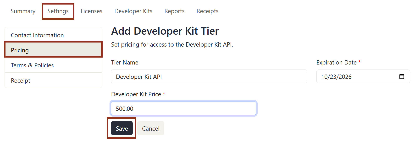 Image of the Add Developer Kit Tier Pop-up.