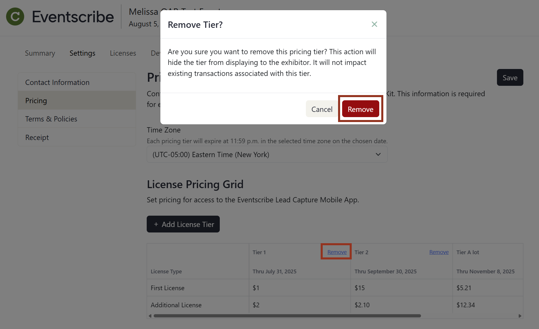 Image of the Remove Tier Pop-up.