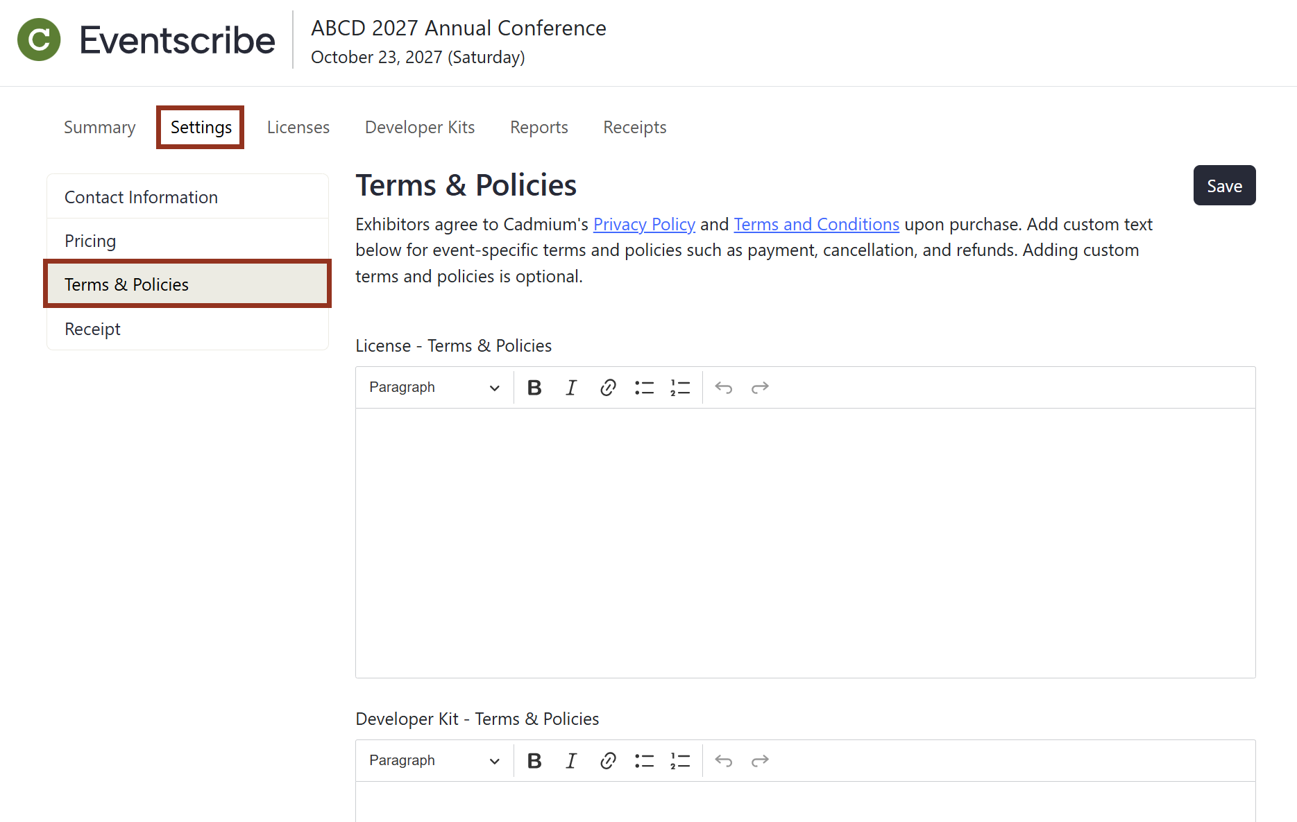 Image of the Admin Portal Settings Page Terms & Policies Page.