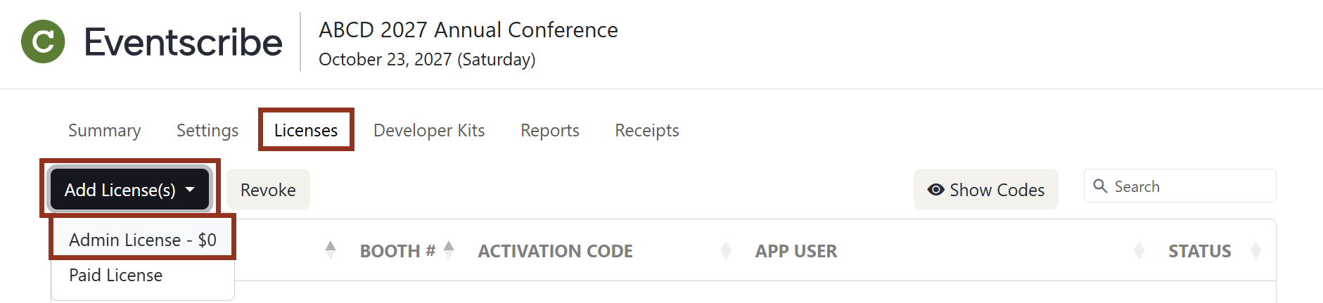 Image of the Licenses Page Add Licenses Button.
