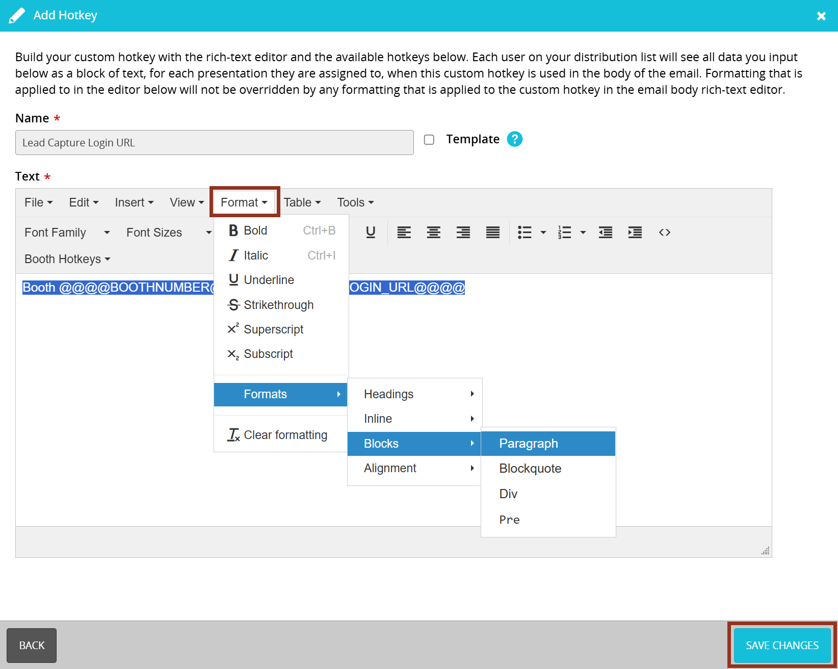 Image of the Add Hotkey Pop-up Format Options.