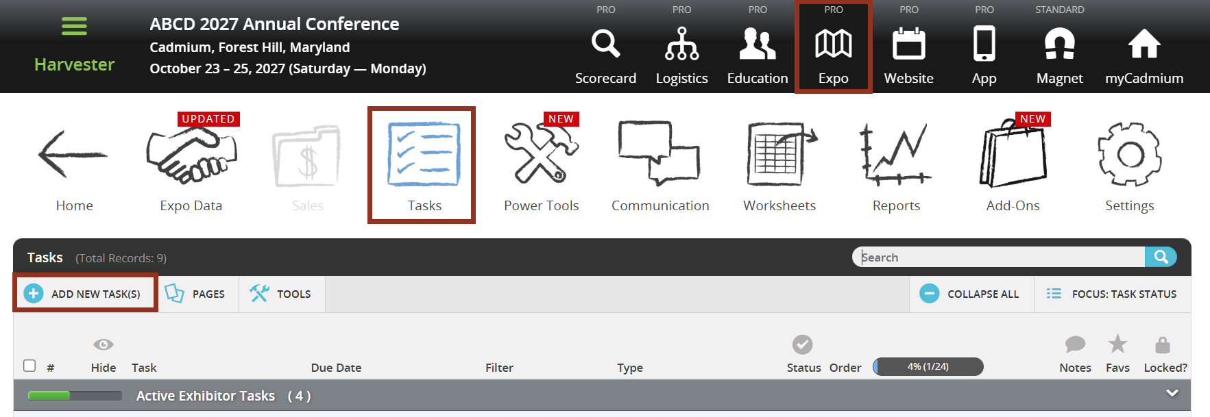 Image of the Expo Harvester Tasks Page Add New Task Button.