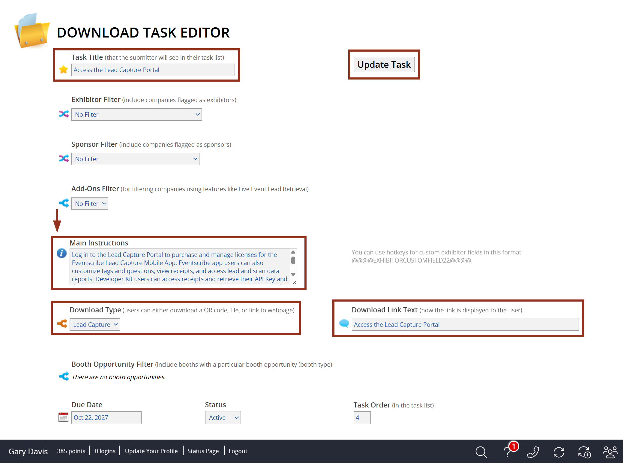Image of the Download Task Editor.