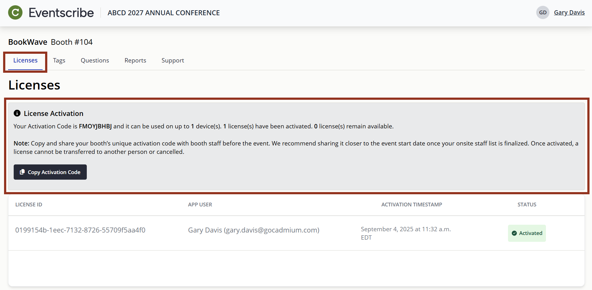 Image of the Lead Capture Exhibitor Portal License Page.