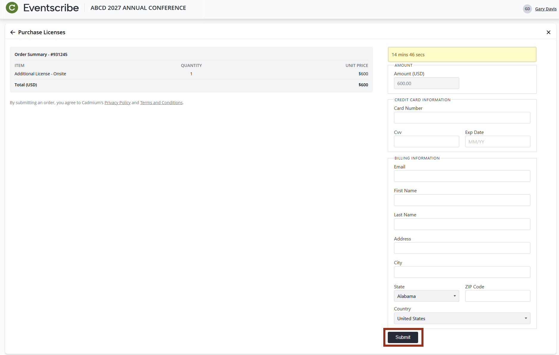 Image of the Billing Information with Submit Button.