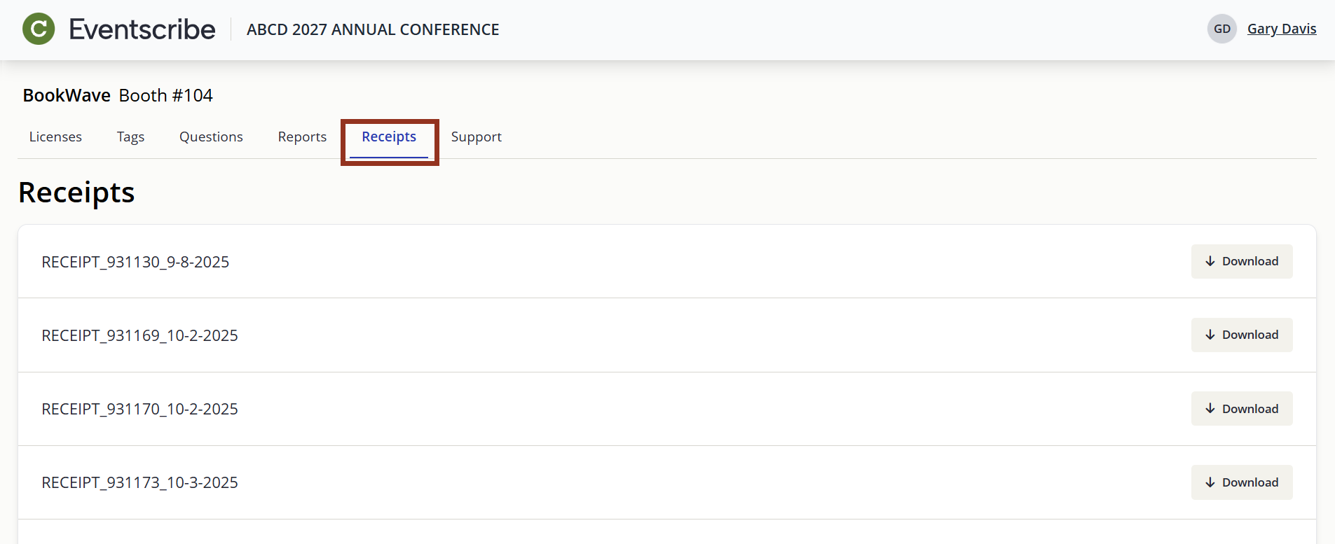 Image of the Receipts Page.