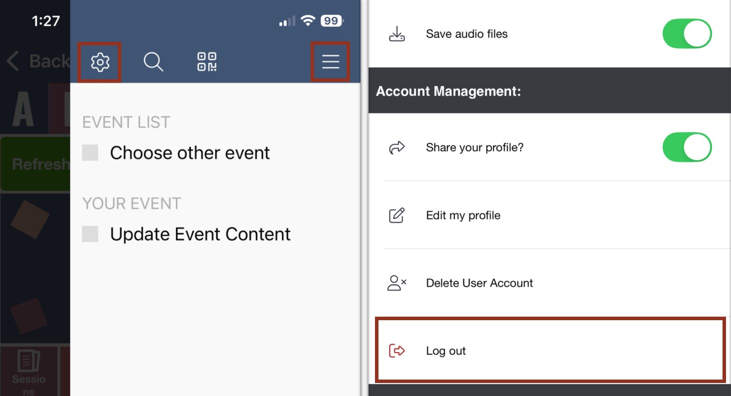 Image of the Hamburger Icon page with gear icon selected, and then the Log out option selected.