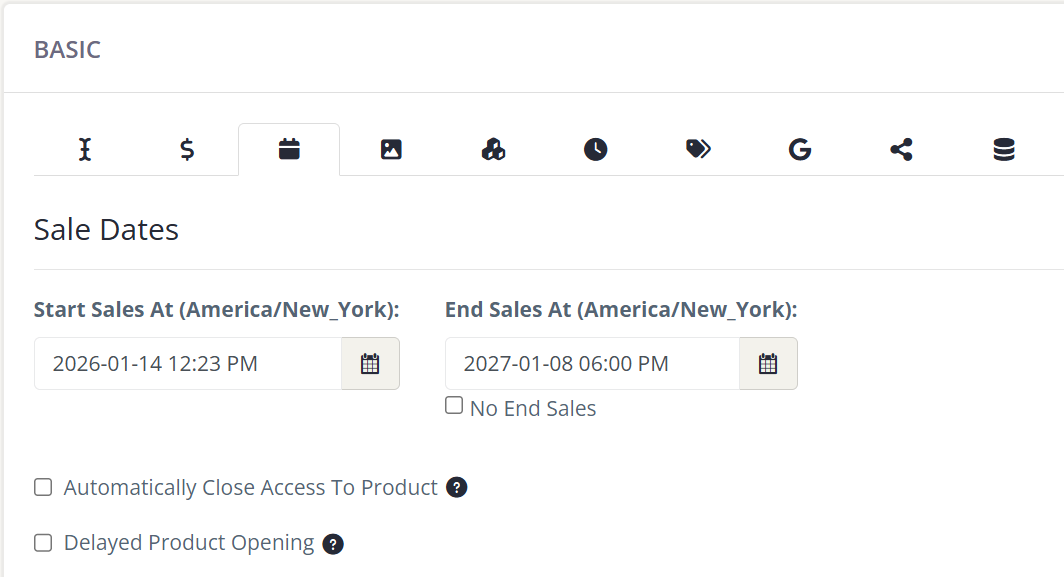 Image of the Basic Settings Sales Dates Options.
