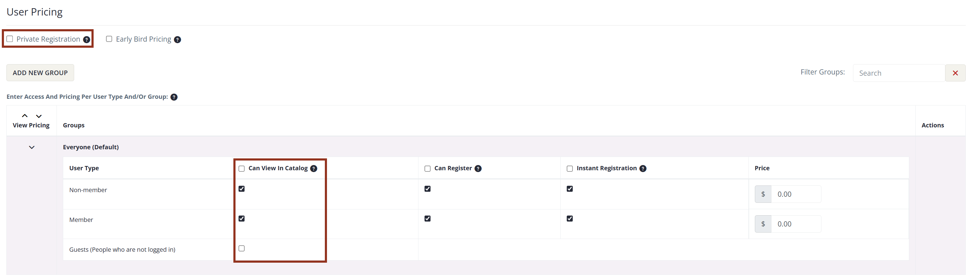 Image of the Basic Settings Pricing Options.