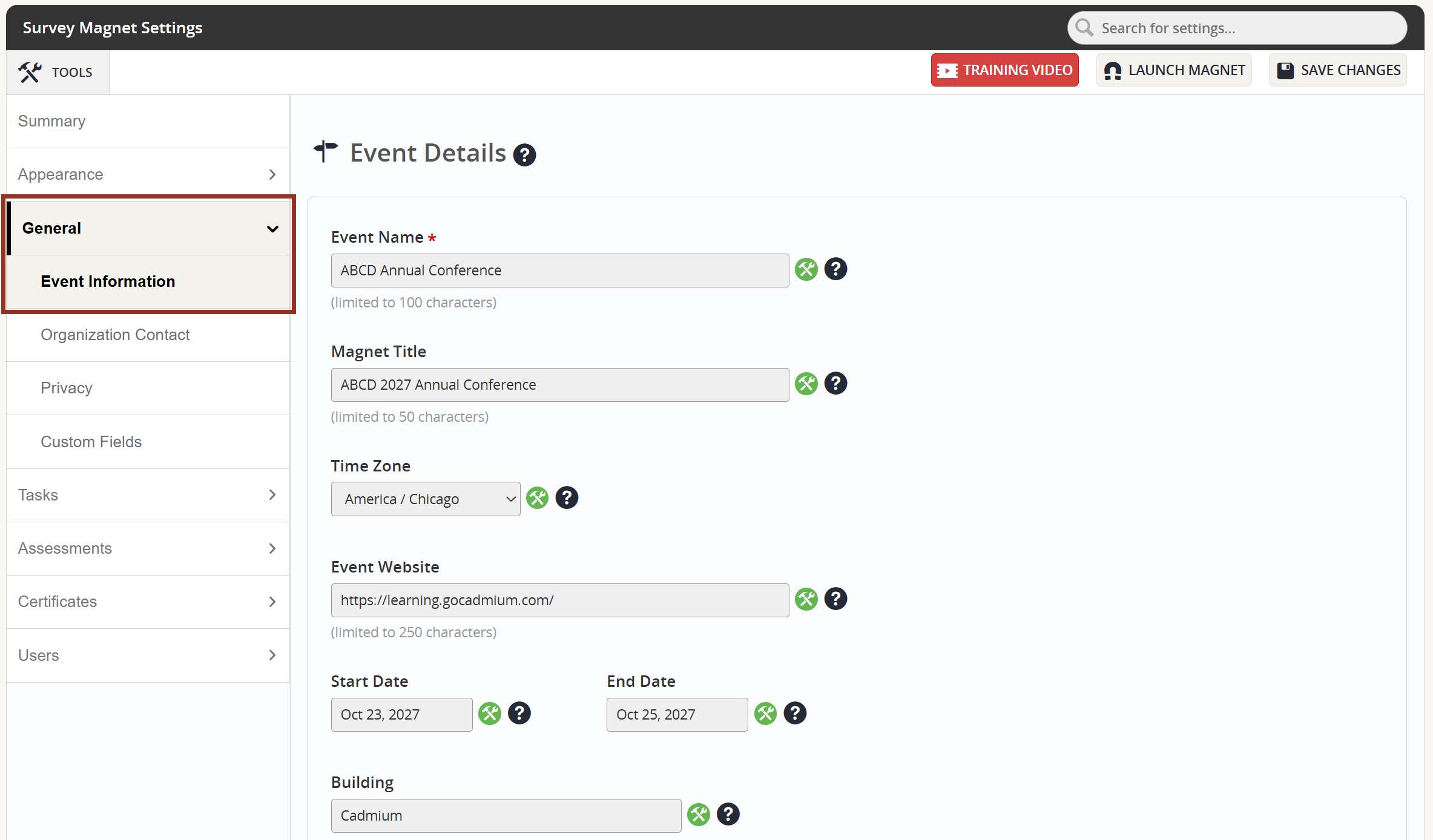 Image of the Settings Page General Tab Event Information Sub-Tab.