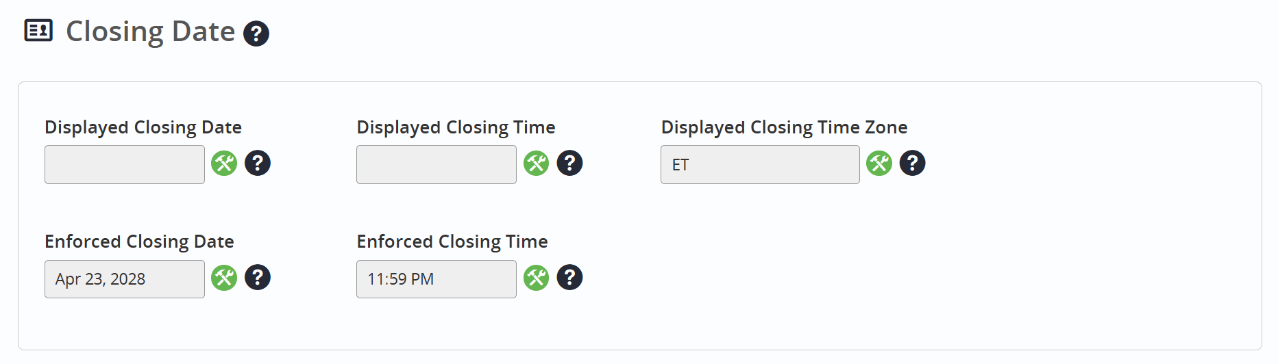 Image of the General Tab Event Information Sub-tab Closing Date Options.