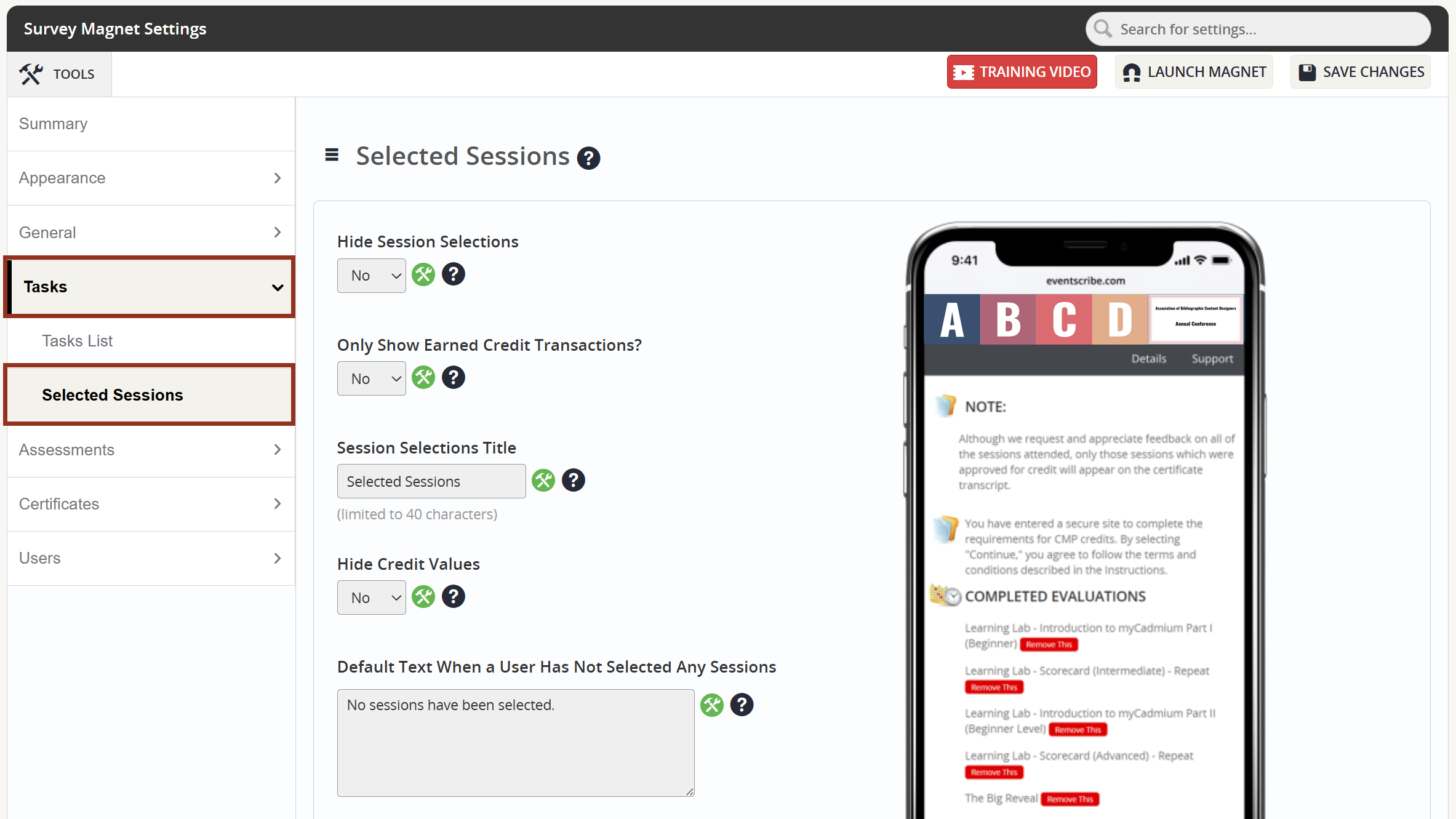 Image of the Tasks Tab Selected Sessions Sub-Tab.