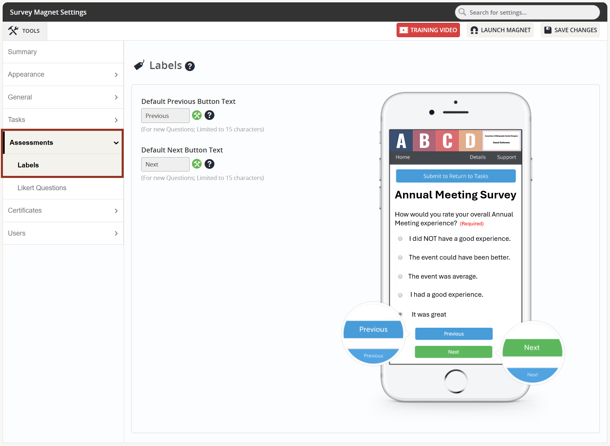 Image of the Assessments Tab Labels Sub-Tab.