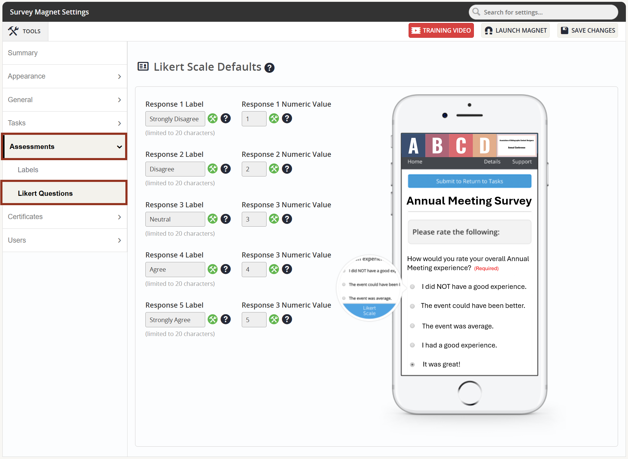 Image of the Assessments Tab Likert Questions Sub-Tab.