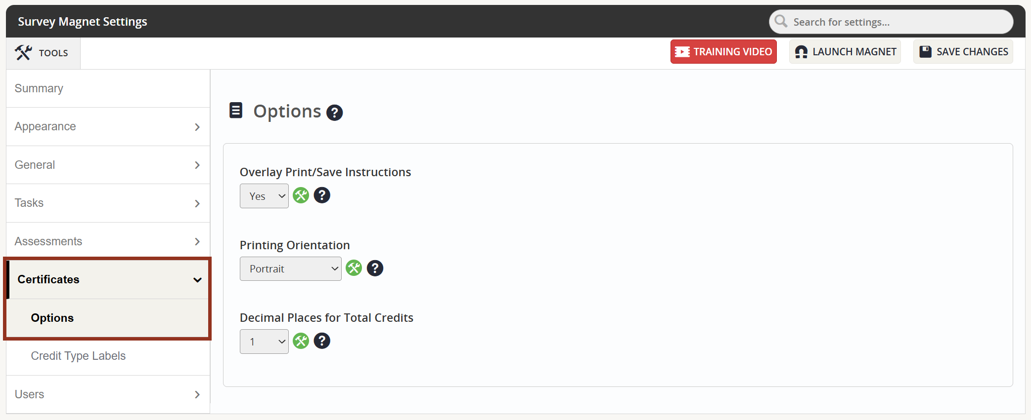 Image of the Certificates Tab Options Sub-Tab.