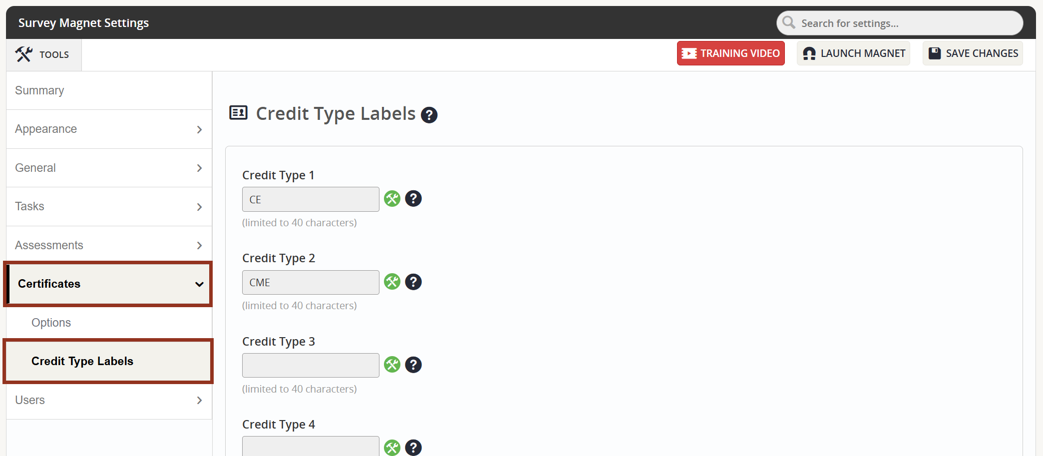 Image of the Certificates Tab Credit Type Labels Sub-Tab.