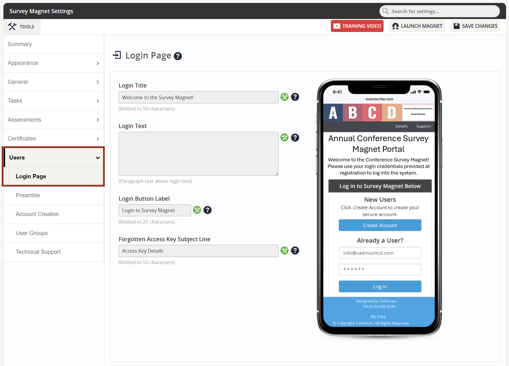 Image of the Users Tab Login Page Sub-Tab.